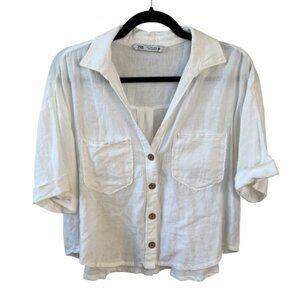 Zara Cropped Button Front Linen Blouse White S